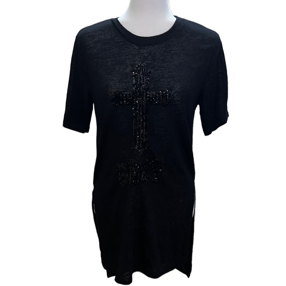H&M long black beaded cross short sleeve slit long shirt embroidered pull over